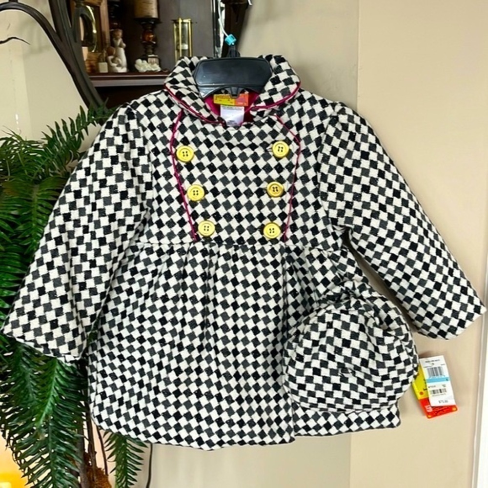 Brand New Penelope Mack Zip Up Pea Coat Black White Checkered Jacket & Hat
